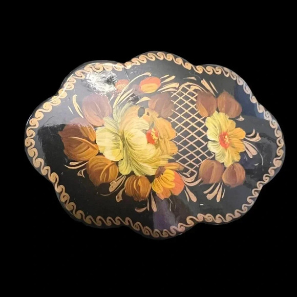 Vintage 60s-70s Hand Painted Floral Wooden Brooch Pin Black Signed - Picture 2 of 5